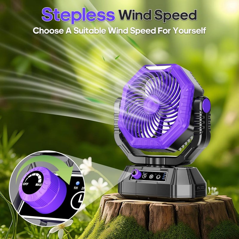 AJVV Camping Fan Rechargeable, Battery Powered Fan With Remote Controller, LED Light, Dual Motors, Stepless Speed, 45°/90°/270° Swing,Timer, Portable fan For Travel/Tent/Beach/Fishing,Violet - Image 4